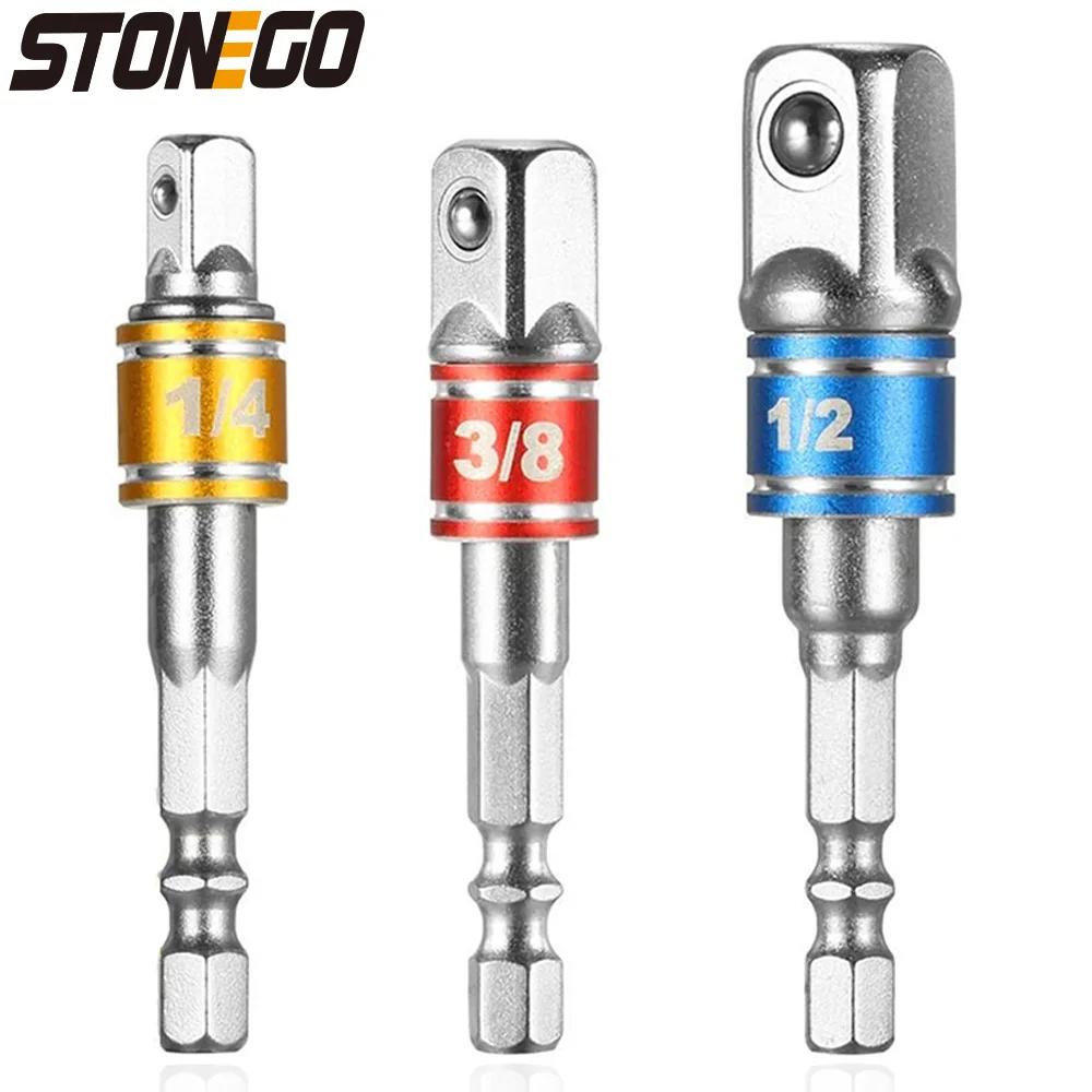 STONEGO-육각 생크 드릴 소켓 어댑터 세트, 1 개/3 개, 임팩트 드라이버용, 스퀘어 소켓 드릴 비트 바 연장, 1/4 ", 3/8", 1/2"